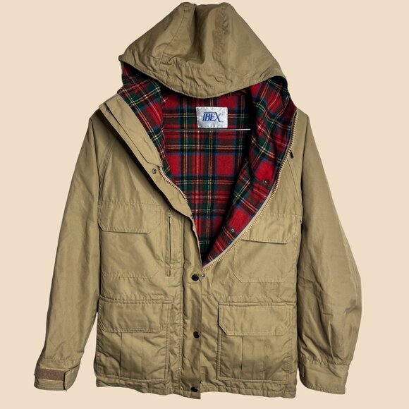 ibex Other - ibex Jacket Hoodie Beige Cotton Nylon Lining Zip Around Pockets Adjustable Plaid